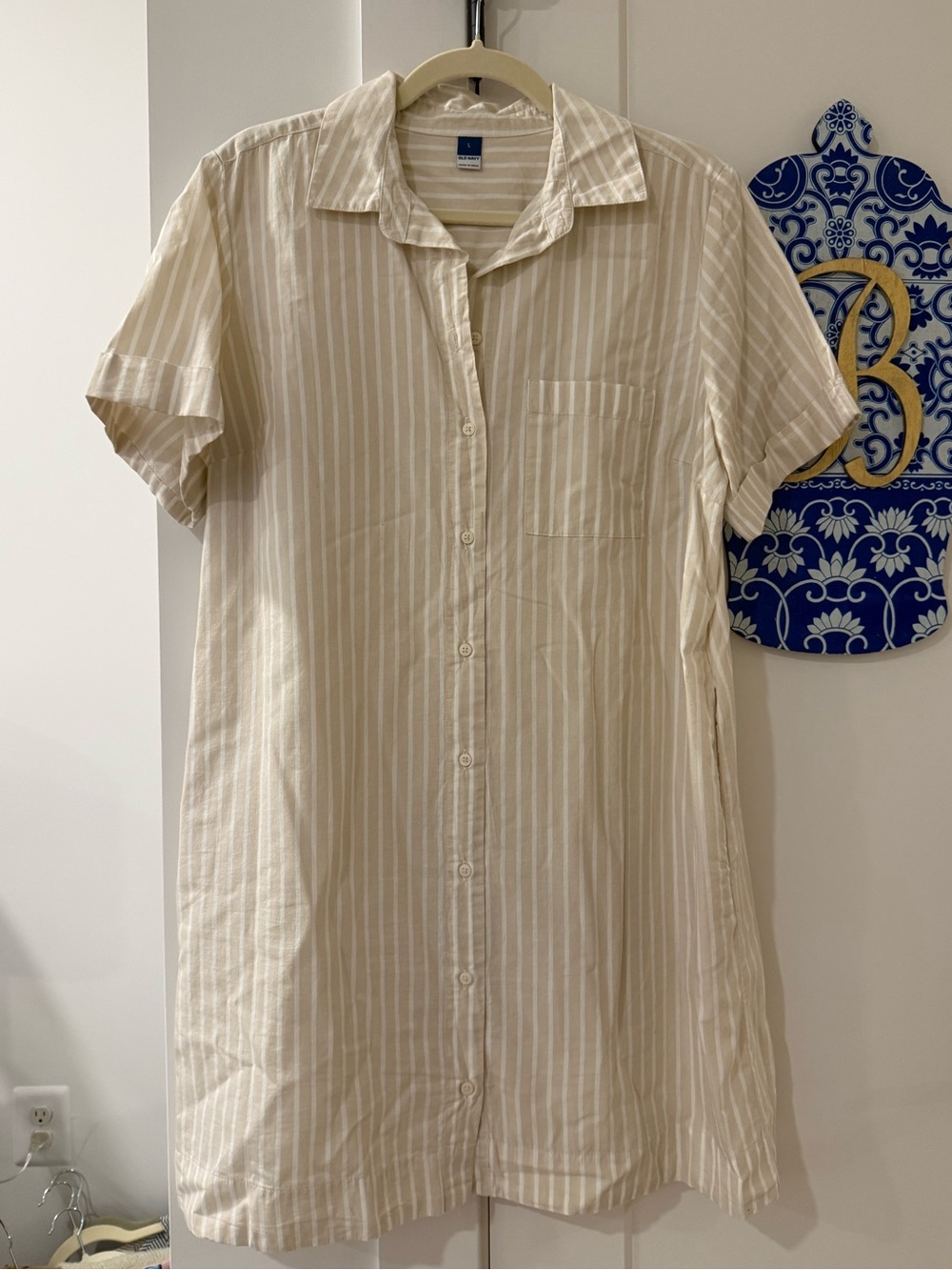 Old Navy Beige and White Striped Shirt Dress